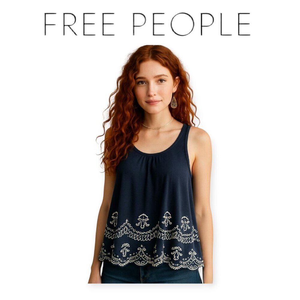 Free People Black Embroidered Swing Tank XS Sleeveless Cotton Summer Festival To